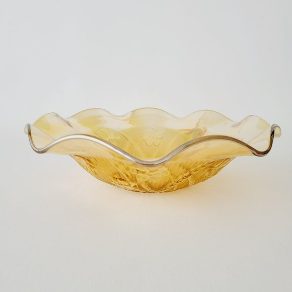 Vintage Gold Jeannette Depression Glass Iris and Herringbone Ruffled Fruit Bowl - Picture 3 of 10
